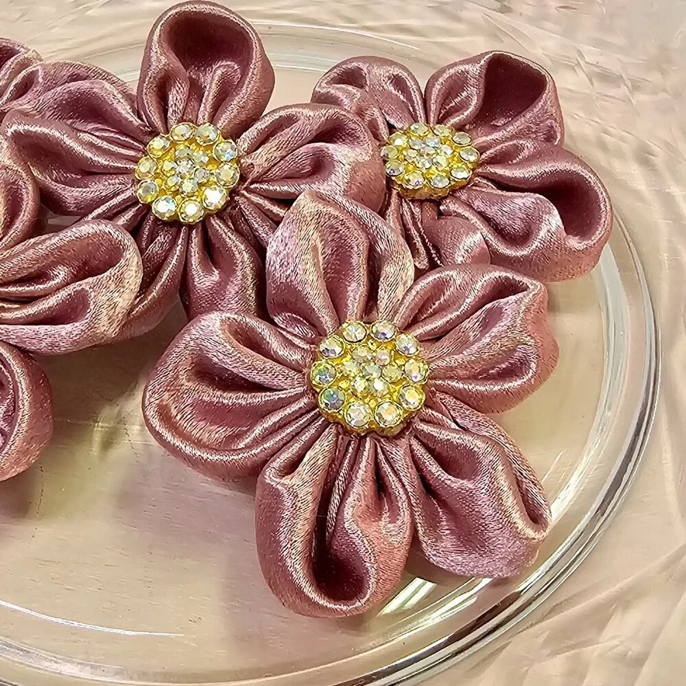 5pc Satin Sparkle Fabric Flower Set with Rhinestone Centers, Dusty Rose